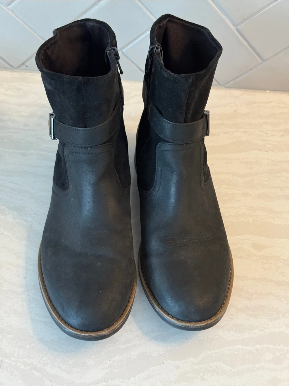 Clarks Black Leather & Suede Ankle Boots with Strap